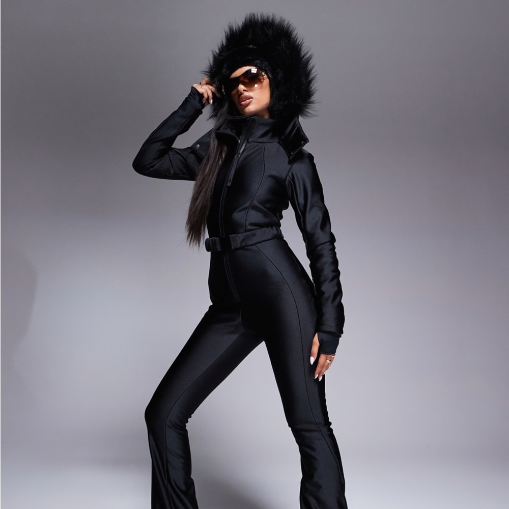ASOS belted ski suit in black with fur hood size 4